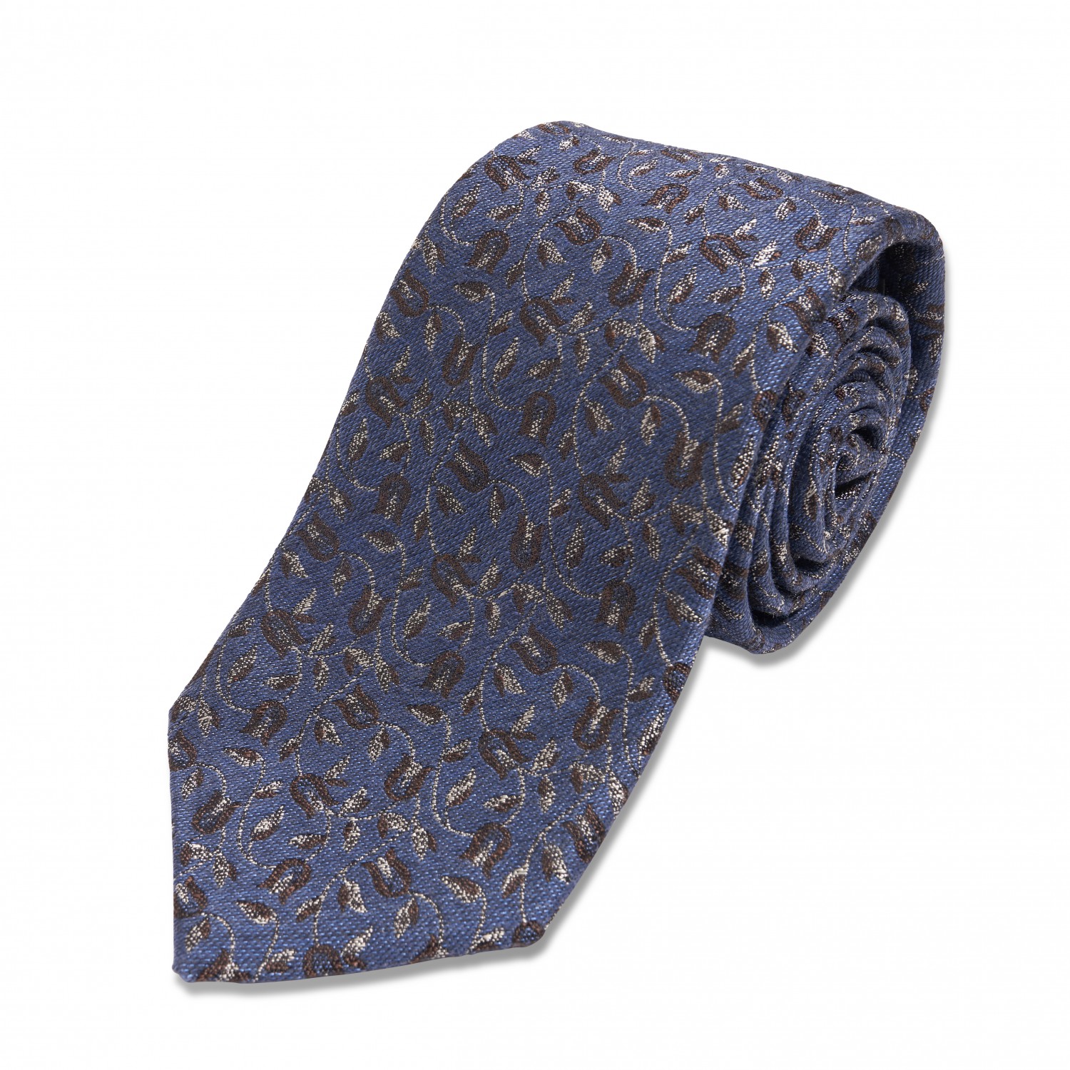 Blue w/ Brown Floral Silk/Wool Necktie