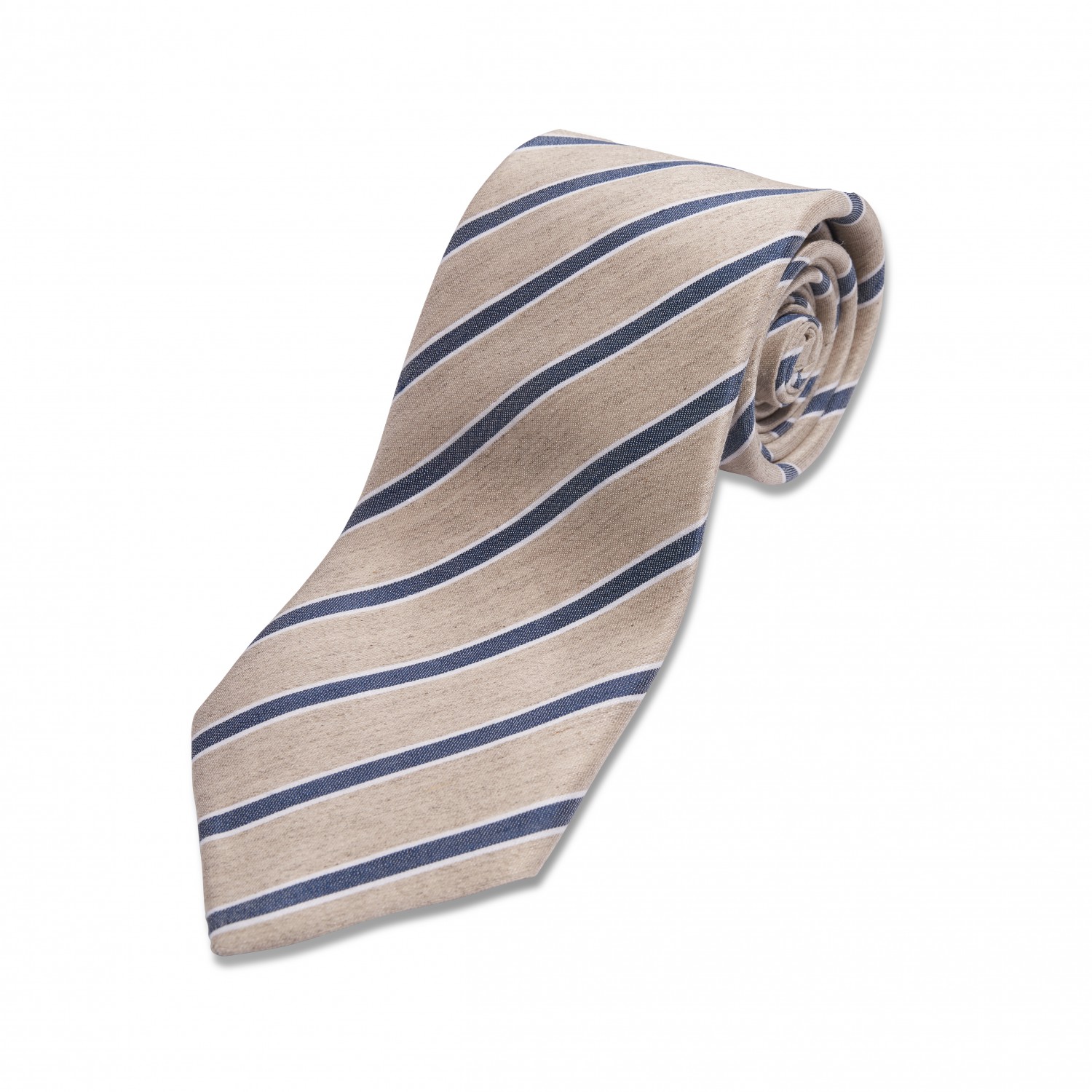 Tan w/ Blue & White Stripe Linen/Silk Necktie