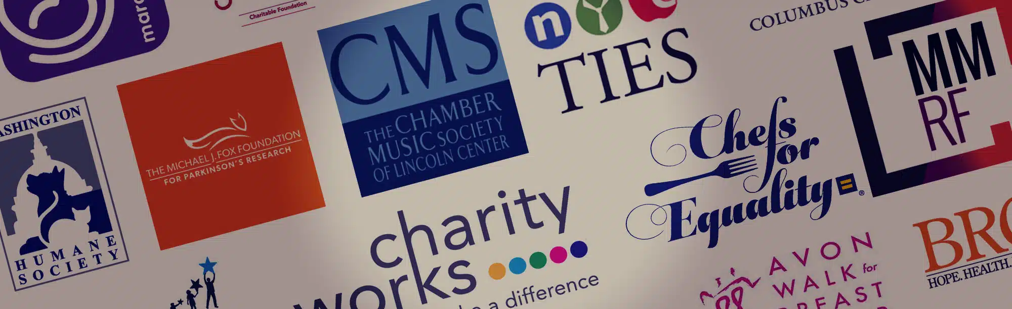Charity logos including CMS, Charity Works, Chefs for Equality, and MMRF