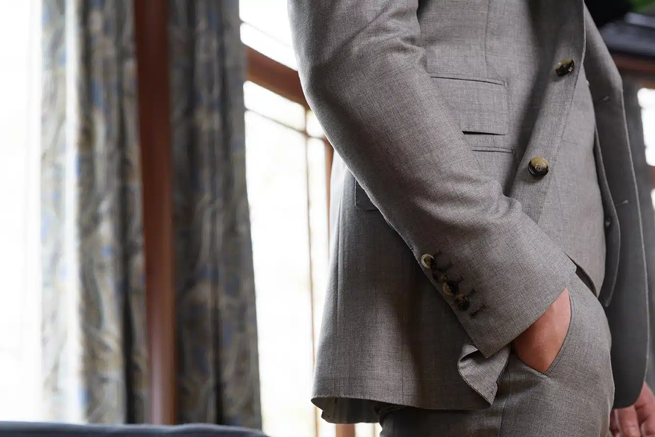 Close-up view of  Light Grey Wool Suit from Michael Andrews Bespoke