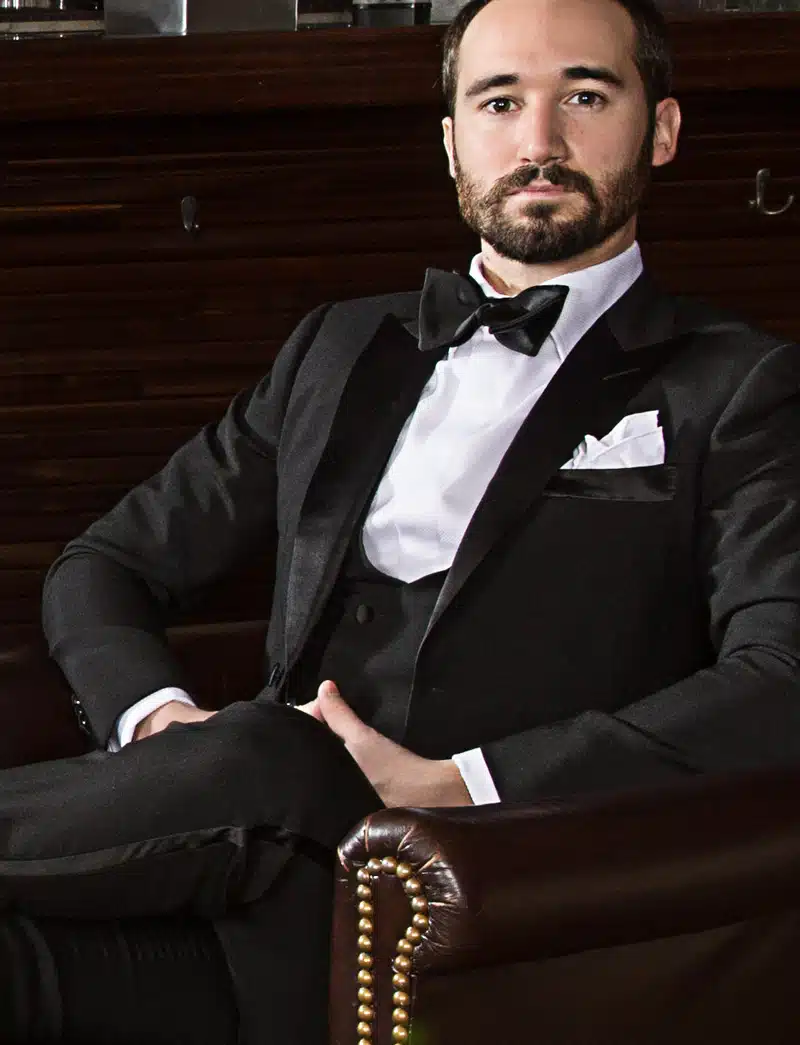 Michael Andrews Bespoke Custom Black Tuxedo with Double Breasted Vest