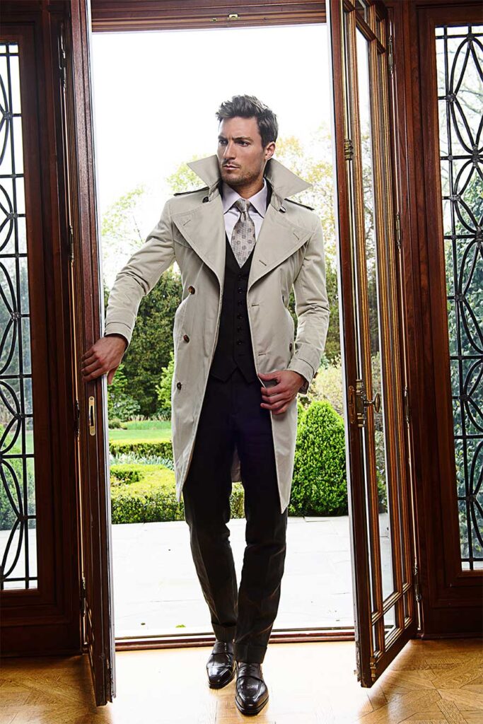 Bobby in custom beige trench coat, outerwear