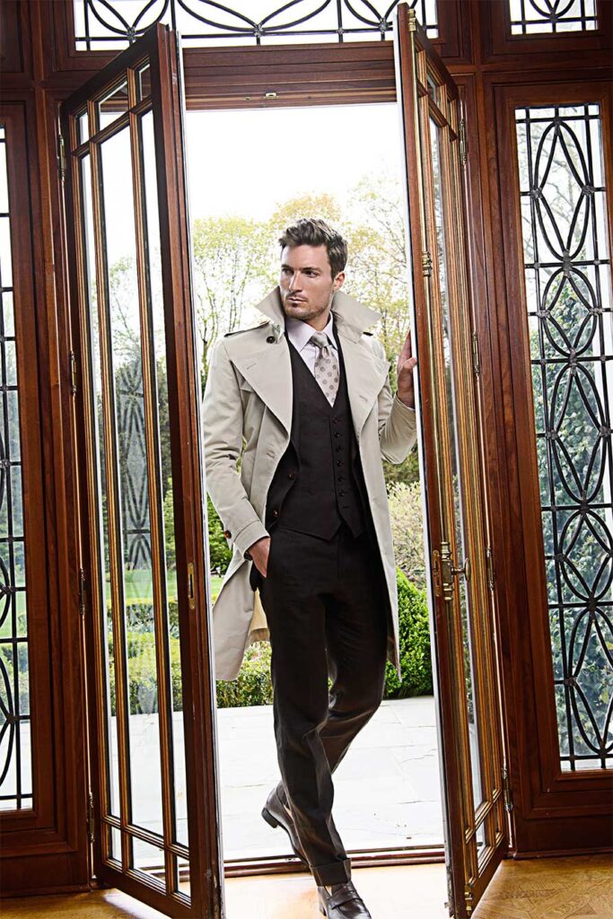 Bobby in custom beige trench coat, outerwear