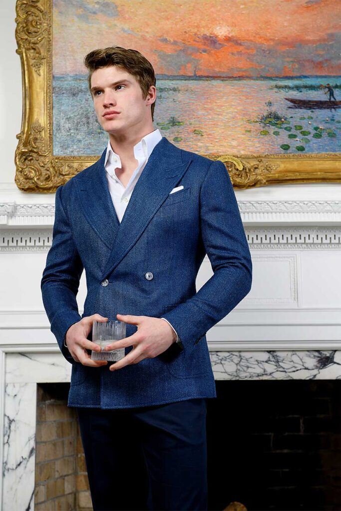Matt in custom blue herringbone blazer