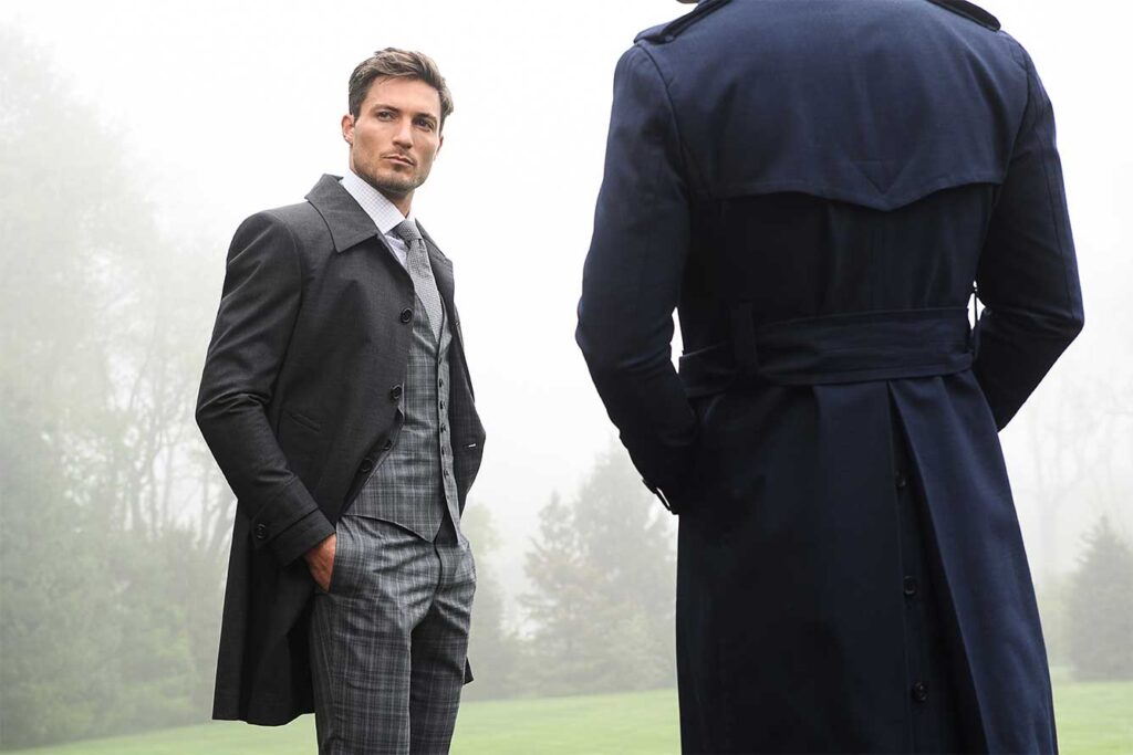 Black overcoat and navy trench coat