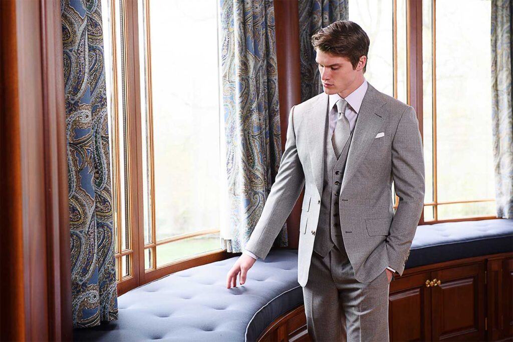Matt in custom light grey 3-piece suit