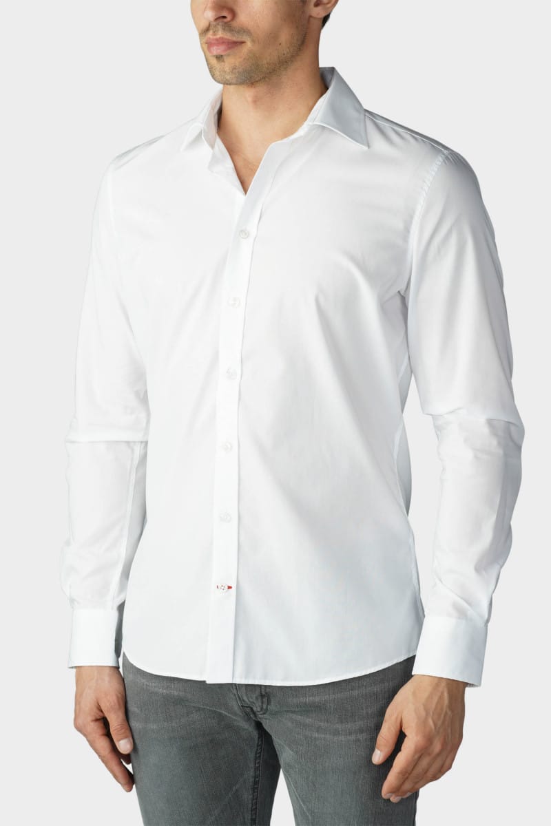 Model in white button-up shirt