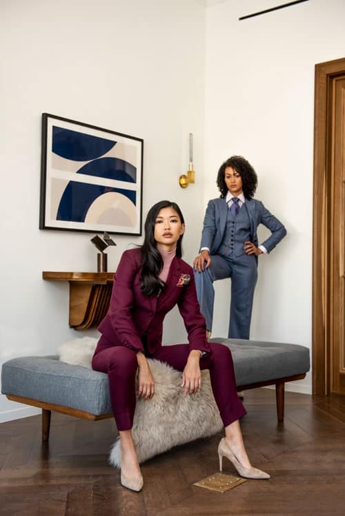 Womens custom burgundy and blue suits, Thumbnail