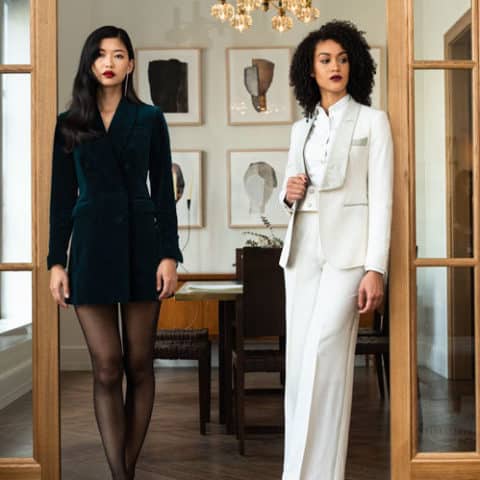 Women's Formalwear Wedding - Blue velvet jacket dress and white suit