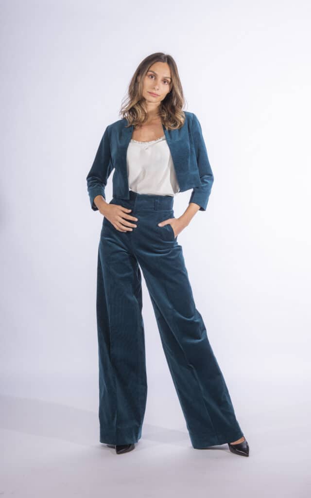 MAB Bespoke Womens - Teal Velvet cropped jacket and wide-leg pants
