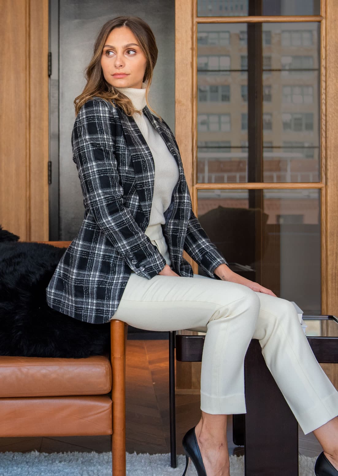 Ema in black and white plaid blazer - mobile banner