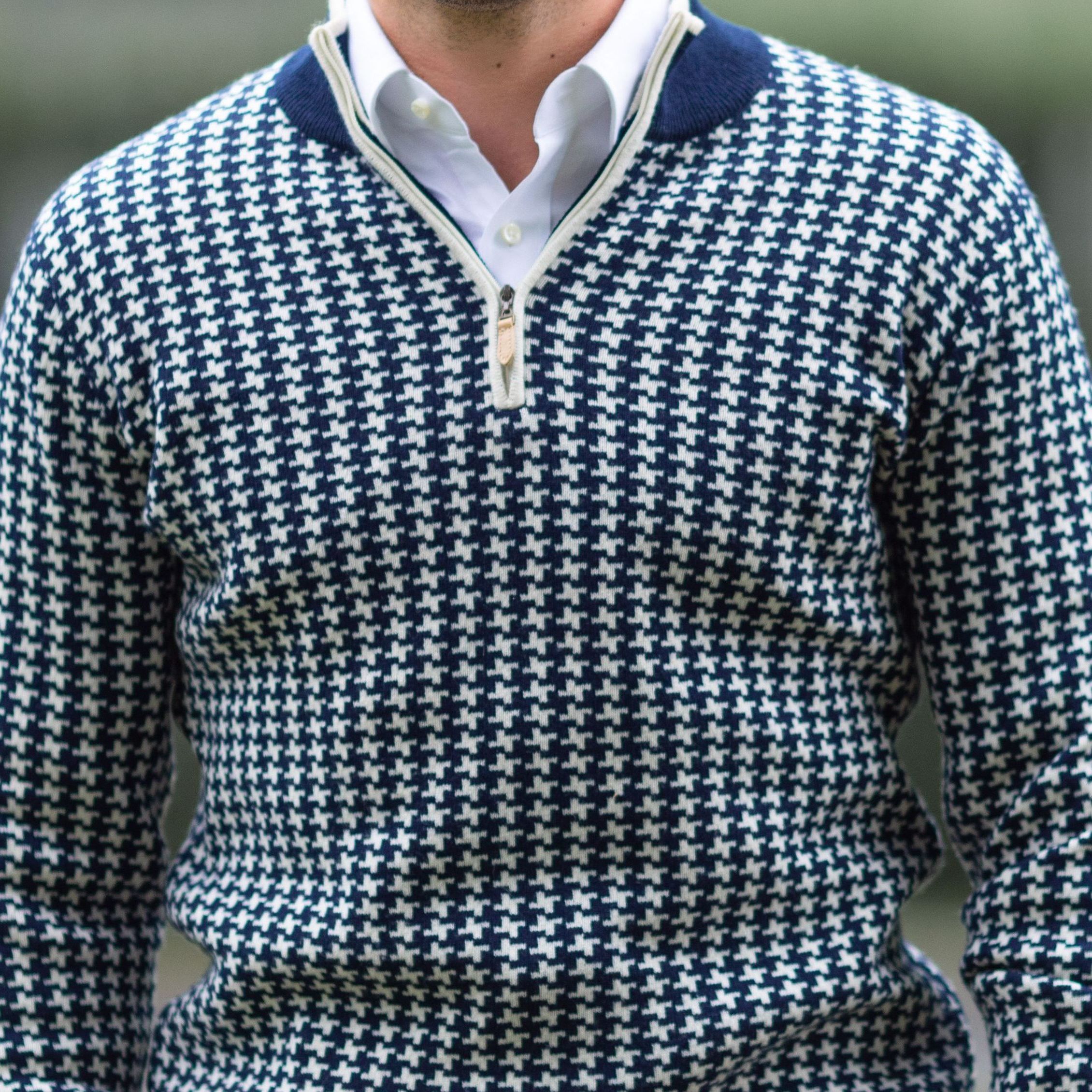 Michael Andrews Custom Blue-White Houndstooth Sweater, Mobile