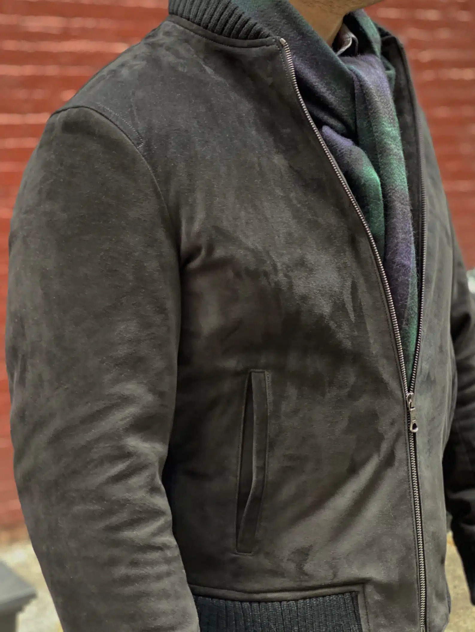 Side view detail of Bomber Jacket worn by Michael Andrews