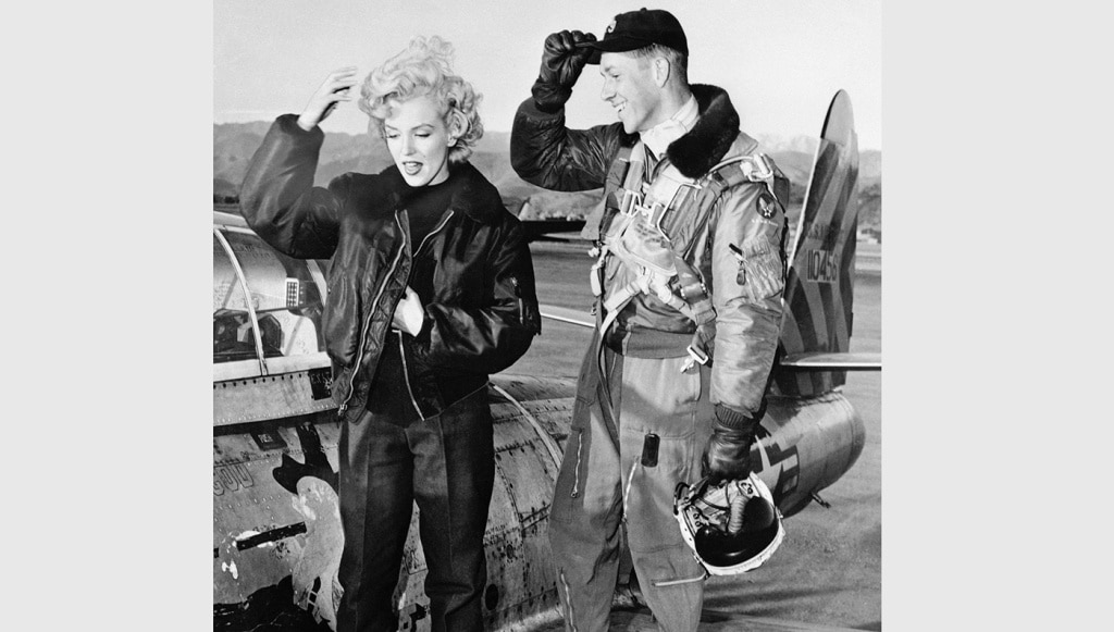 Marilyn Monroe in Bomber Jacket, credit to getty images Marilyn Monroe styled in a bomber jacket, showcasing her timeless Hollywood elegance