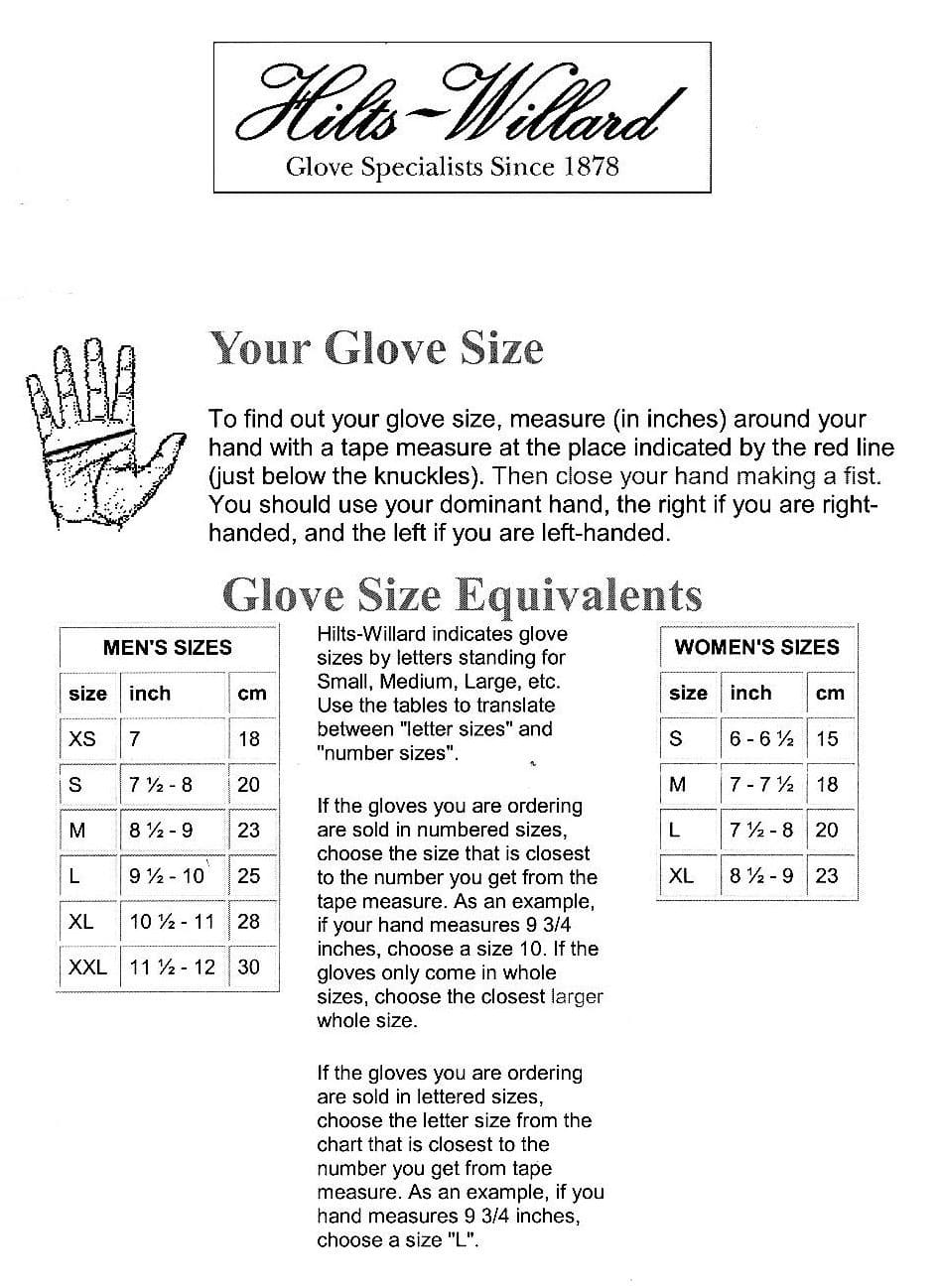 A comprehensive guide for finding your glove size, including measuring instructions and a size equivalency chart for men and women