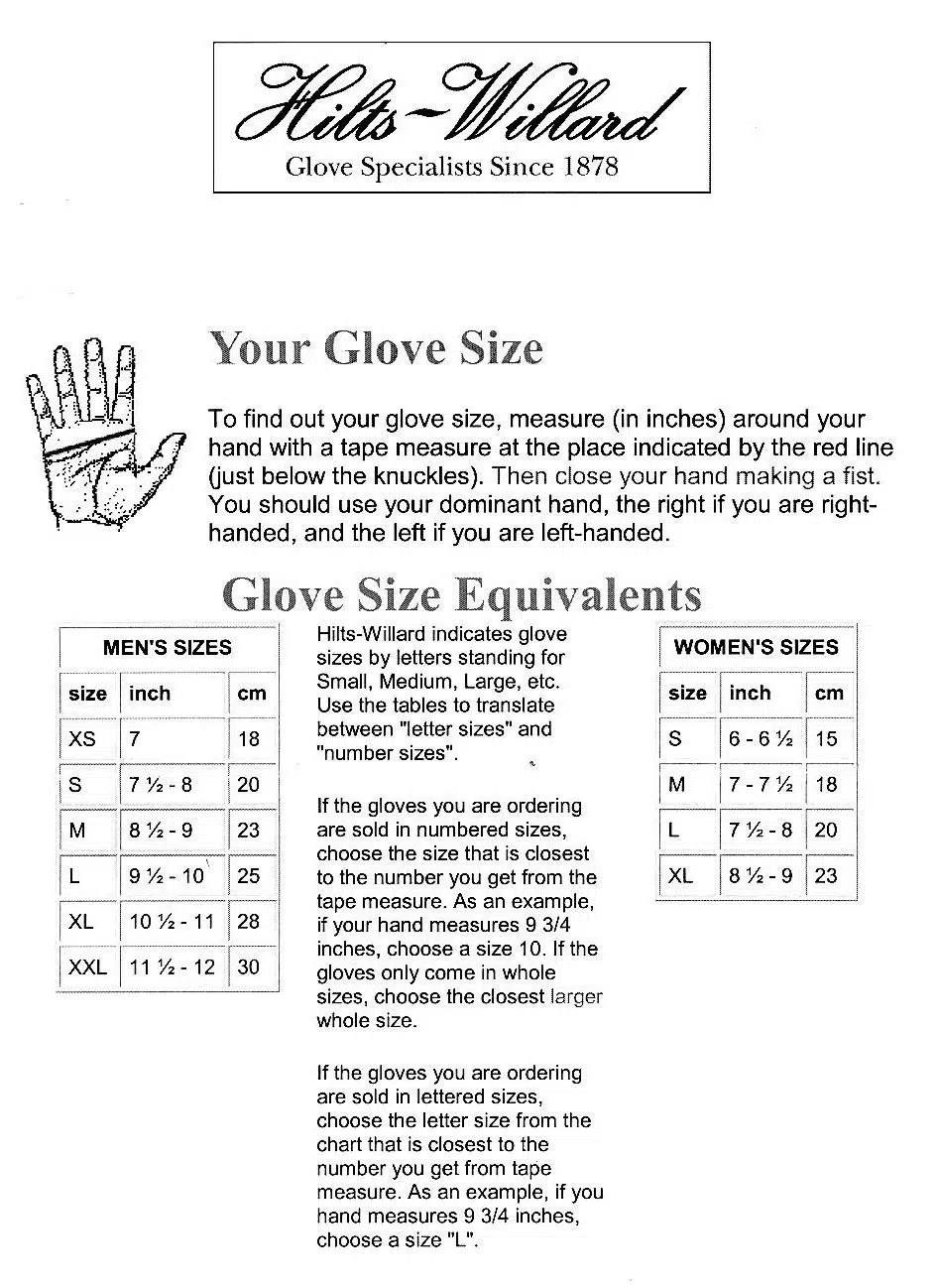 A comprehensive guide for finding your glove size, including measuring instructions and a size equivalency chart for men and women