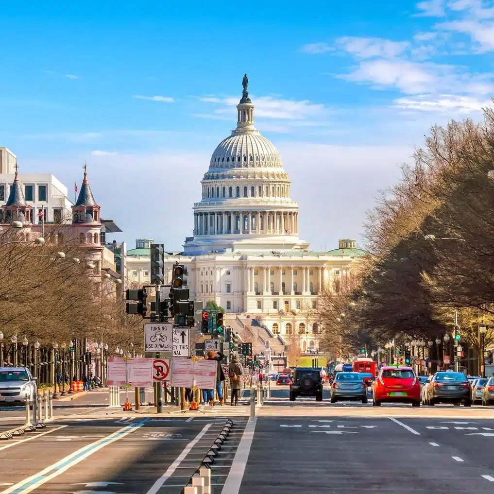 U.S. Capitol building with street view in Washington, D.C.