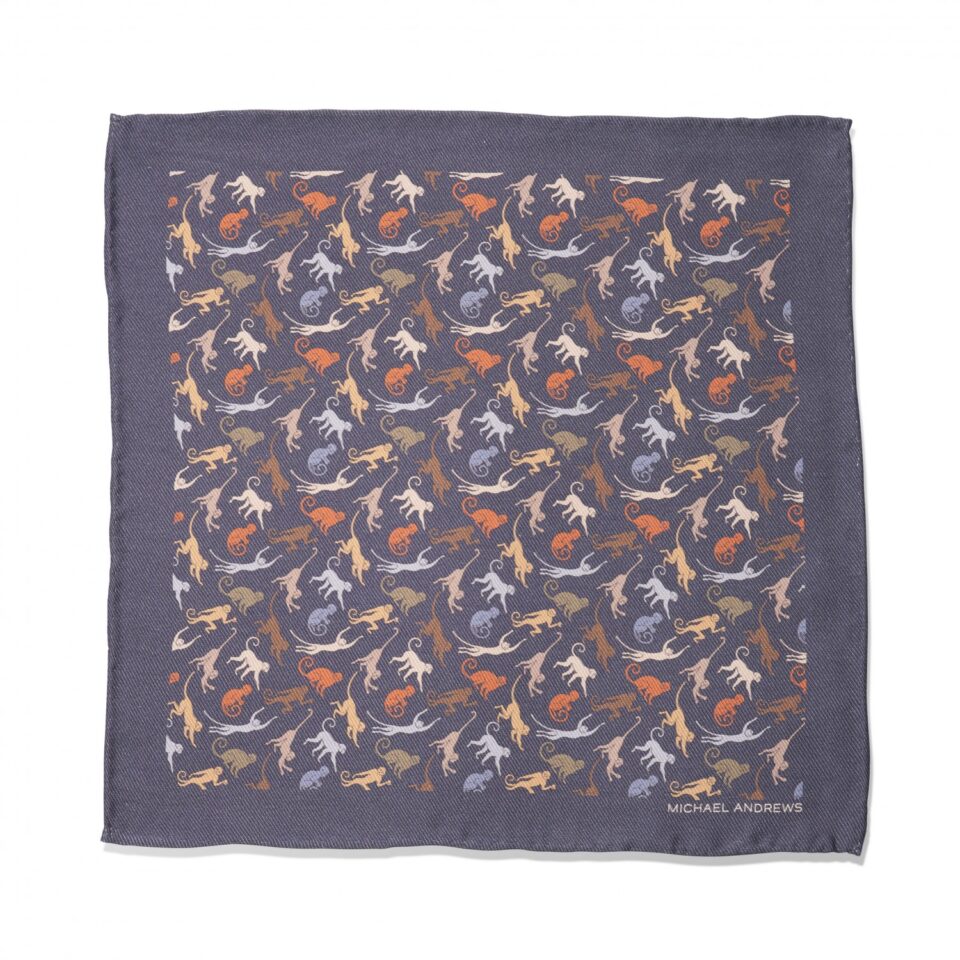 (product) Navy, Tan & White Monkeys Pocket Square, full view