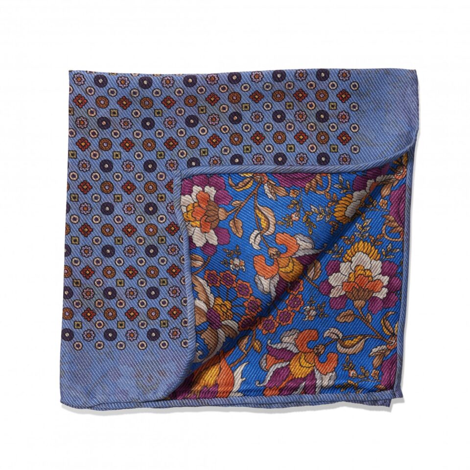 (product) Light Blue Medallion and Floral Print Double Sided Pocket Square, folded