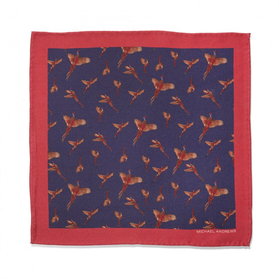 (product) Navy, Red & Tan Pheasant Pocket Square
