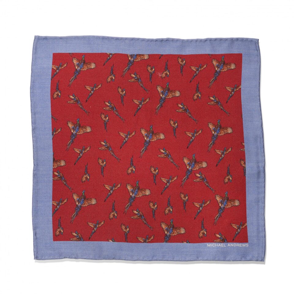 (product) Red, Tan & Blue Pheasant Pocket Square