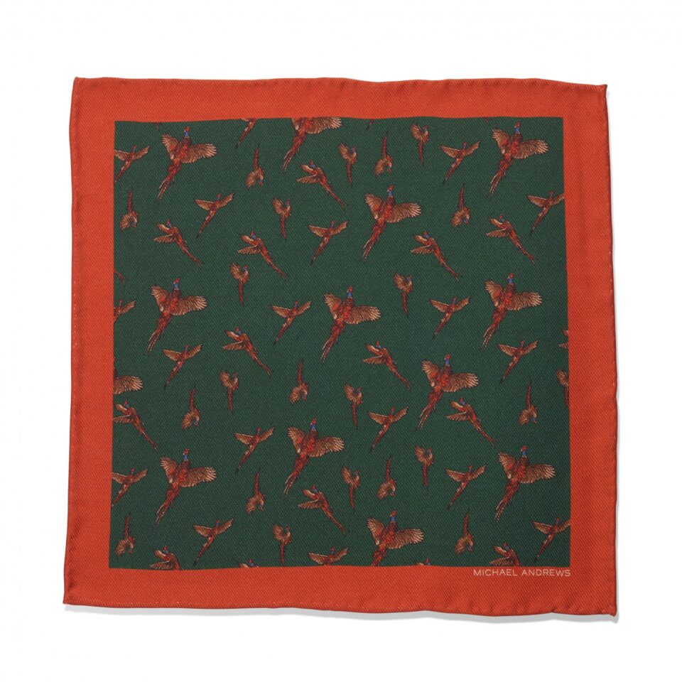 (product) Green, Tan & Red Pheasant Pocket Square