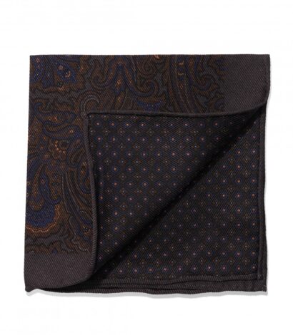 (product) Brown & Blue Large Paisley & Small Medallion Double Sided Pocket Square, folded