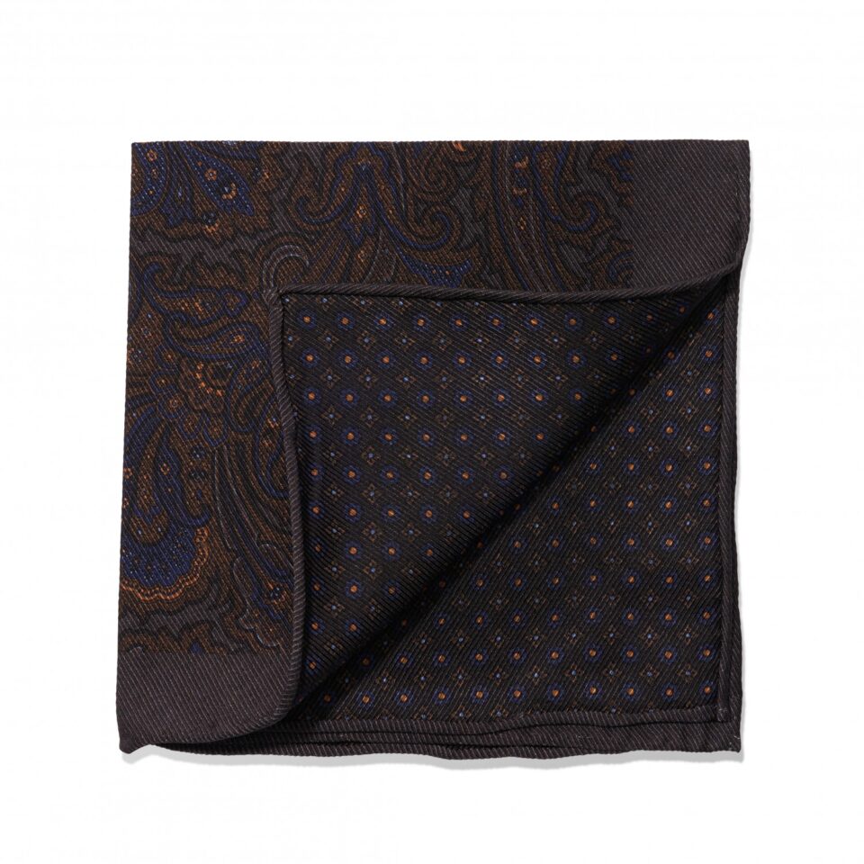 (product) Brown & Blue Large Paisley & Small Medallion Double Sided Pocket Square, folded