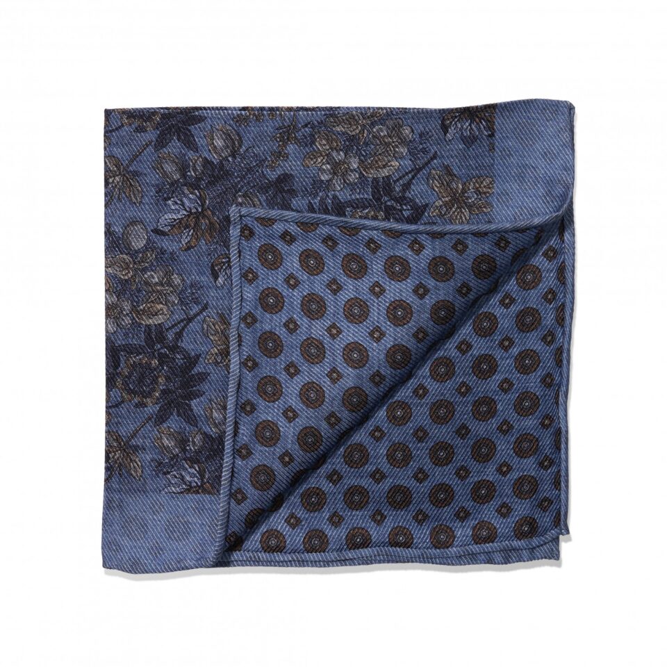 (product) Blue, Grey & Tan Floral & Large Medallion Double Sided Pocket Square, folded