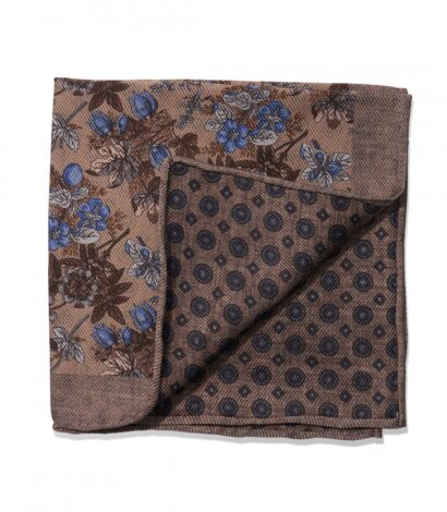(product) Tan, Brown & Blue Floral & Large Medallion Double Sided Pocket Square, folded - custom suits nyc bespoke tailor midtown, noho