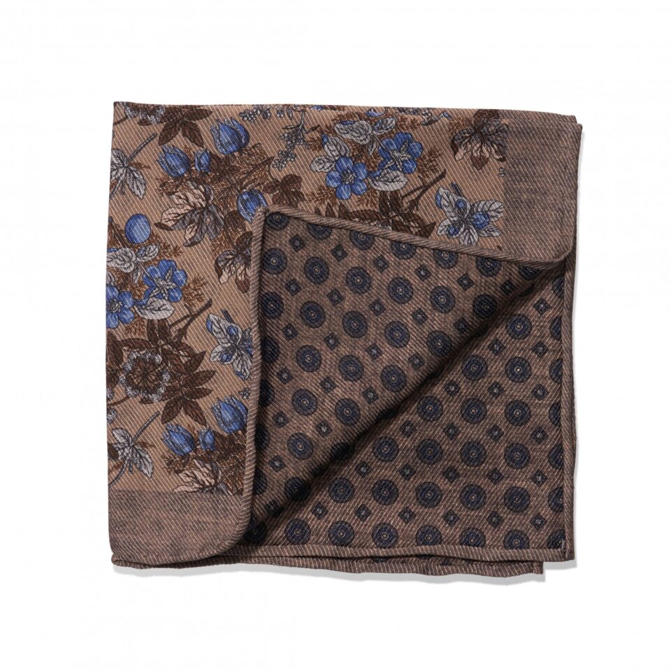 (product) Tan, Brown & Blue Floral & Large Medallion Double Sided Pocket Square, folded