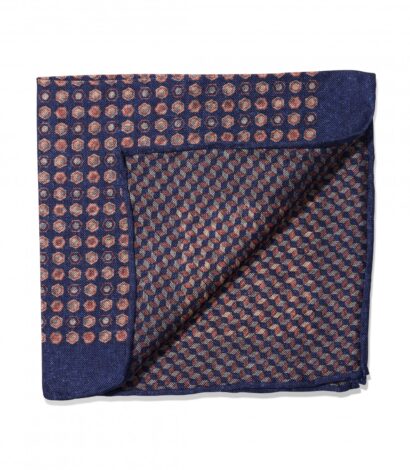 (product) Blue, Pink & Ivory Medallion & Cubes Double Sided Pocket Square, folded