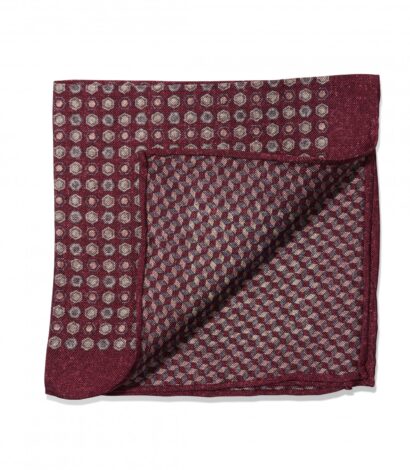 (product) Maroon, Grey & Ivory Medallion & Cubes Double Sided Pocket Square, folded