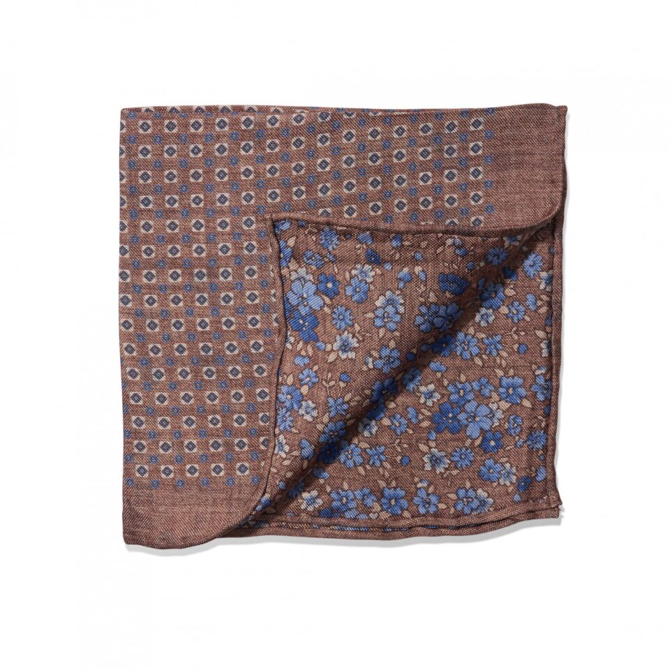 (product) Tan & Blue Geometric Dots & Floral Double Sided Pocket Square, folded