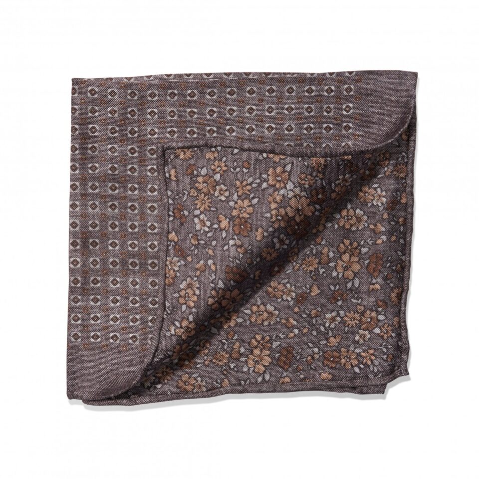 (product) Grey Geometric Dots & Floral Double Sided Pocket Square, folded
