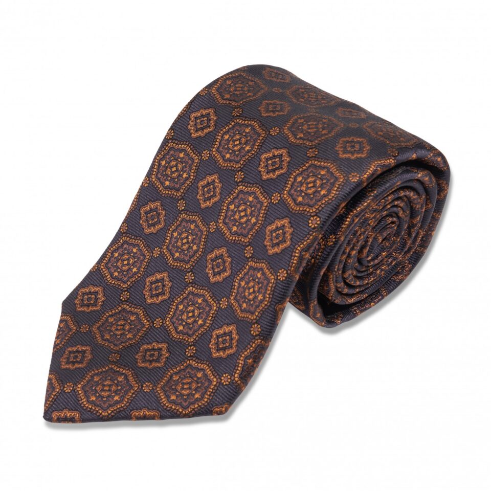 (product) Navy with Gold Medallion Silk Necktie, rolled