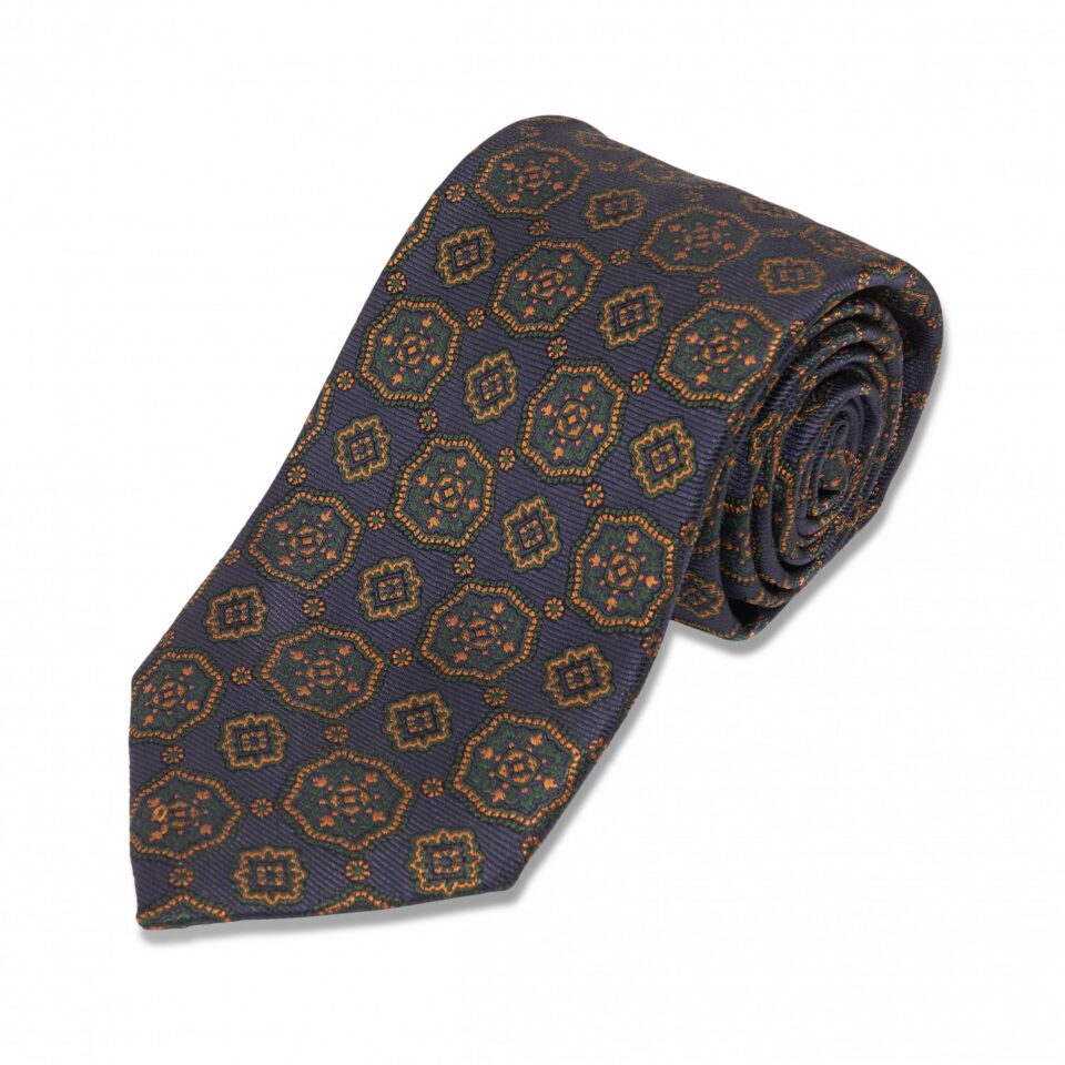 (product) Navy with Green & Gold Medallion Silk Necktie, rolled