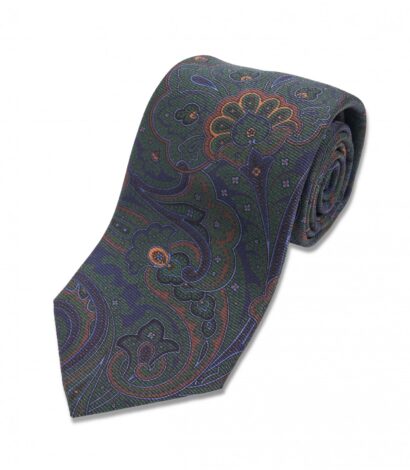 Navy, Green, Brown and Gold Large Floral Silk Necktie
