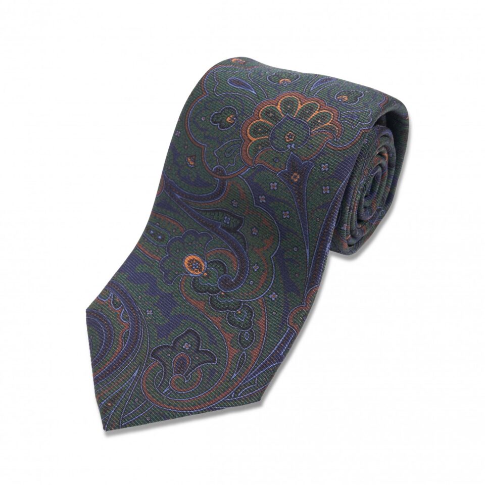Navy, Green, Brown and Gold Large Floral Silk Necktie