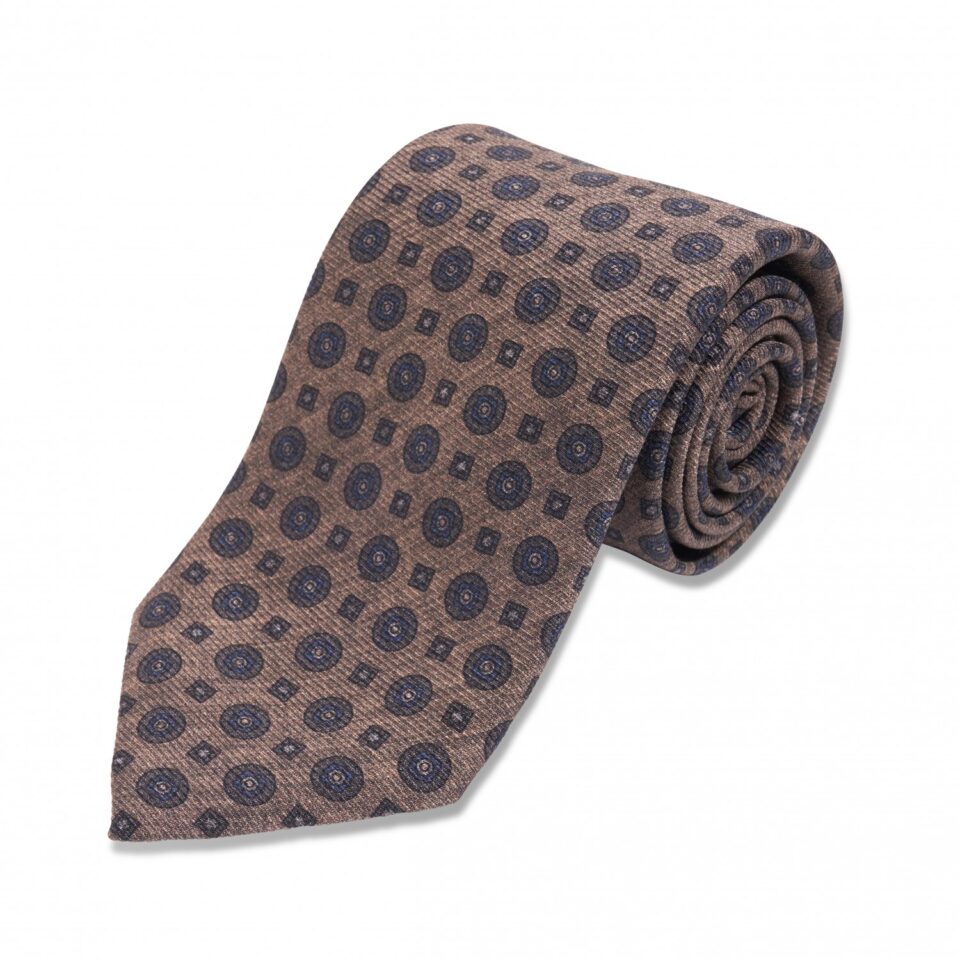 Brown with Blue Medallions Silk Necktie