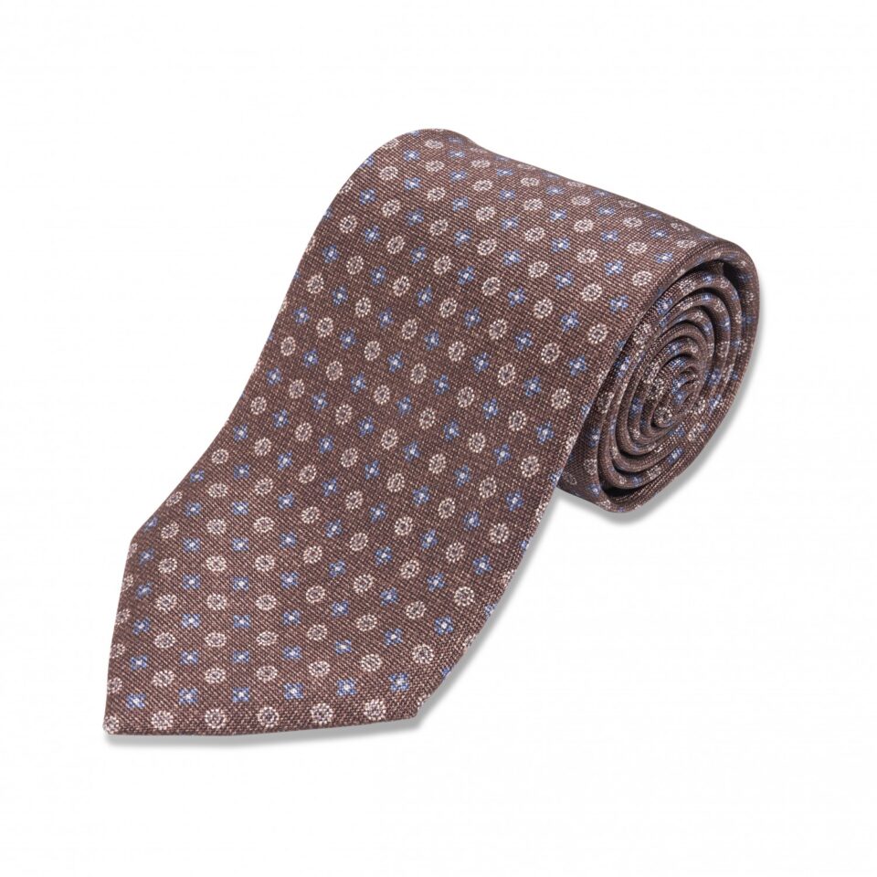 Brown with Blue and Tan Medallion Silk Necktie