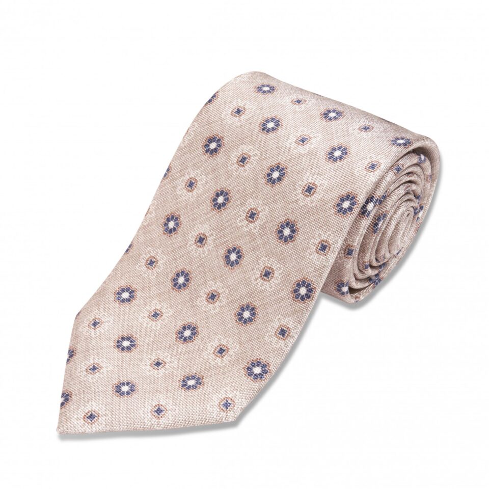 Light Tan with Blue and Brown Flowers Silk Necktie