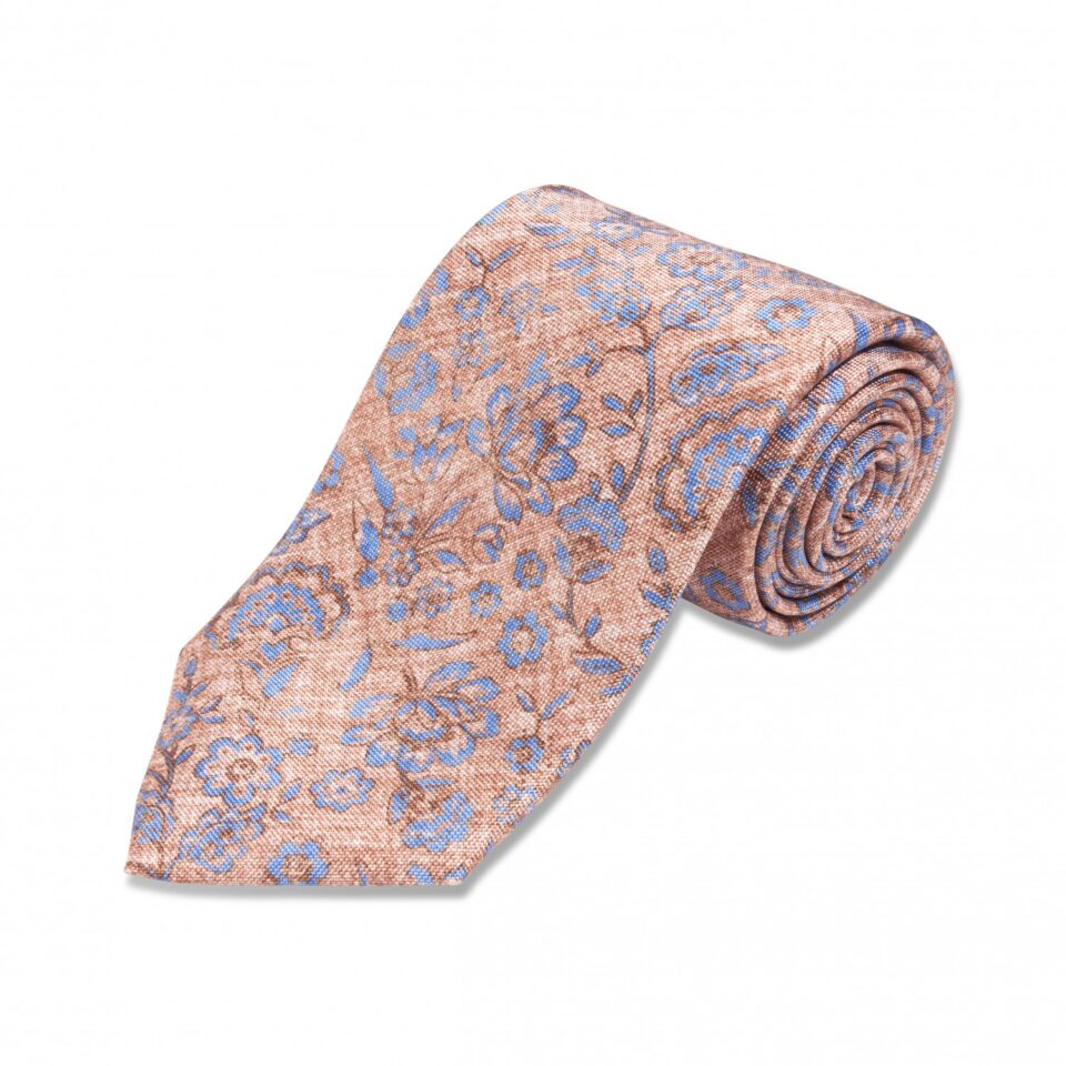Tan with Blue Floral Print Silk Necktie