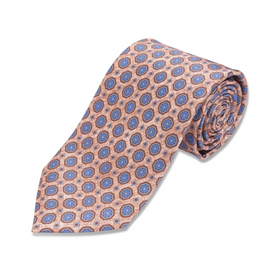 Tan with Blue, Brown and Red Medallion Silk Necktie