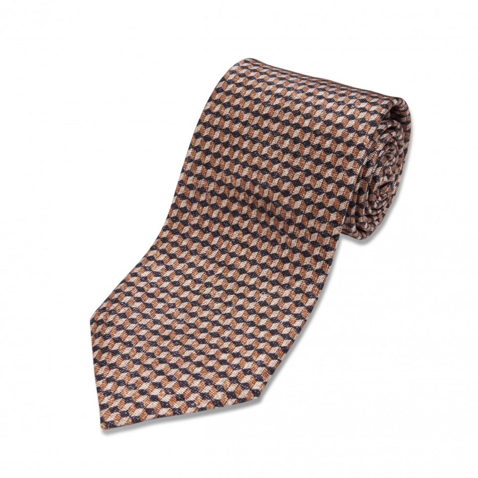 Navy, Gold and Ivory Geometric Cube Silk Necktie