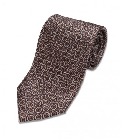 Brown, Gold and Ivory Geometric Silk Necktie