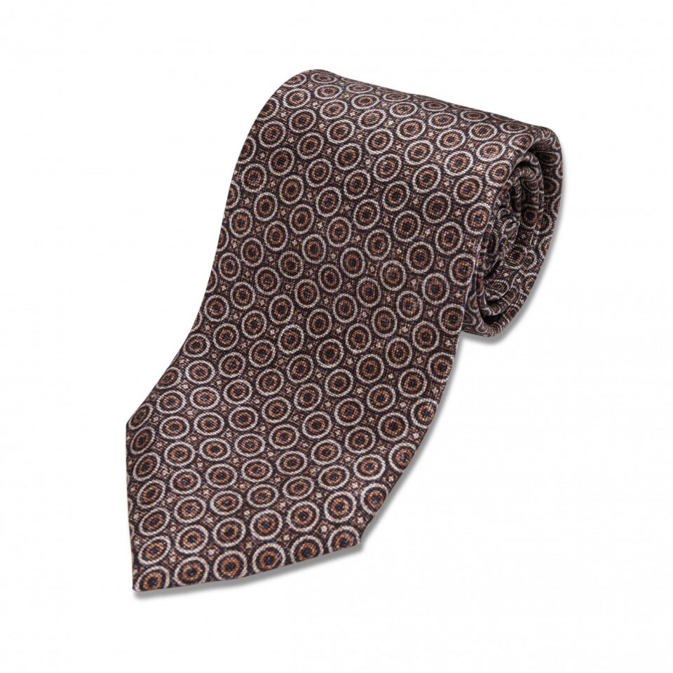 Brown, Gold and Ivory Geometric Silk Necktie