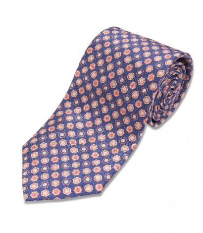 Blue, Pink and Ivory Geometric Print Silk Necktie