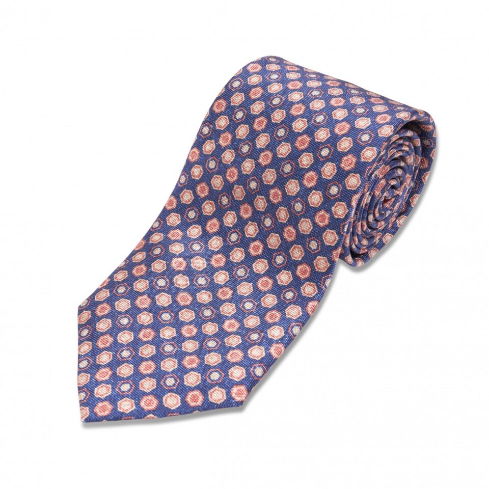 Blue, Pink and Ivory Geometric Print Silk Necktie