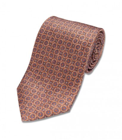 Orange, Blue and Ivory Geometric Silk Necktie